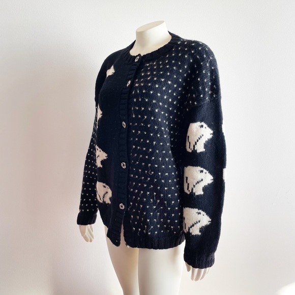 Nomadic Traders Black White Bear Wool Button Down Sweater Made in Peru Medium - Picture 7 of 9